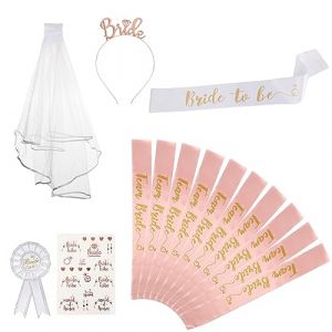 Domkan 15PCS Enterrement de Vie de Jeune Fille Accessoire, EVJF Accessoire,EVJF Accessoire Futur Mariee, avec 10 Team Bride Écharpe, 1 Écharpe Future Mariée, Voile Mariée, Badge, Bandeau Diadème (FOREST CAPPE S.R.L., neuf)
