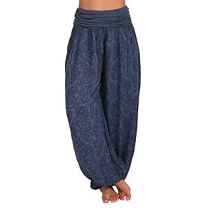 Minetom Femme Harem Pantalon Yoga Sarouel Legers Hippie Baggy Léger Ethnique Calqué Smockée Taille Haute avec Poches Été Plage Pantalon Aladin Jogging Bleu Foncé S (B.W.S KIT, neuf)