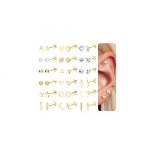 CASSIECA 18 Paires Acier Inoxydable 316L Lune Étoile Boucles d'Oreilles pour Femmes Hommes CZ Incrusté Cœur Croix 20G Cartilage Boucle D'oreille Piercing Bijoux Or (Yanjia EU, neuf)