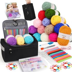 Aeelike Kit de crochet pour d&eacute;butants, avec 16 fils &agrave; crochet, portable, pour d&eacute;butants, 2,0 &agrave; 8,0 mm, poign&eacute;e ergonomique douce, sac &agrave; crochet noir, accessoires &agrave; crochet, bo&icirc;te de rangement (EuErYang, neuf)