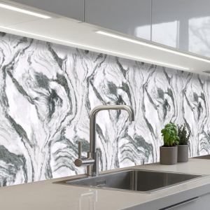 KitchenYeah© Credence Cuisine Adhesive 60x350 cm Protege Mur Revetement Mural Adhesif Parement Interieur À Coller Plaque Plastique Rigide Blanc - Marbre - Ondulé - Graphite (KitchenYeah, neuf)
