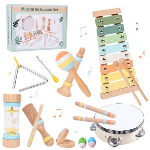 KIMIGO Instrument de Musique Bebe -Jouets musicaux Montessori pour Enfants,Ensemble d'instruments à Percussion en Bois,Batterie Xylophone,Cadeaux pour Les Tout-Petits 2 3 4 (Fluttuante Kft, neuf)