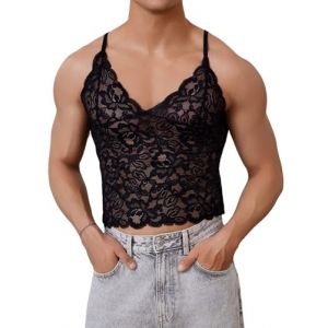 FYMNSI Hommes Sissy Lingerie Dentelle Bretelles Sexy sans Manches D&eacute;bardeur Col en V Haut Gilet Sous-v&ecirc;tements Maillot de corps M-2XL, Noir , M (FYMNSI store, neuf)
