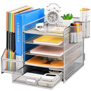 Marbrasse Organisateur de Bureau Avec Porte Documents, 5 Niveaux Compartiments Étagère Lettres, Tiroir 2 Porte Stylos, Accessoires Maille (Argenté) (Marbrasse shop, neuf)