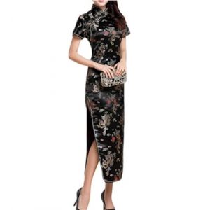 Black Sugar Robe Qipao Courte et Long à Petites Manches et Motif Dragon Brocart Cheongsam Tunique (FR/ES, Alpha/Lettres, TTG, Taille Normale, Taille Petite, Long Noir) (BLACK SUGAR PARIS, neuf)