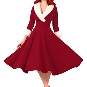 pvucpot Robe Noel Femme Hiver Vintage Années 50 Pin Up Femme Chic Elegante Robe de Noël avec Coutures en Fourrure Col en V Noël Femmes épaule Imprimer Vintage Robe De Soirée Robe évasée (goodups, neuf)