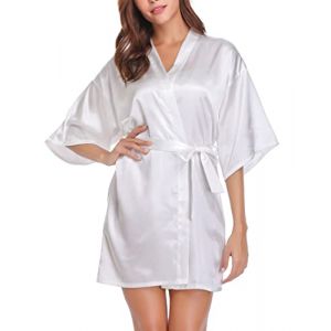 Wikoan Peignoir Satin Femme Robe de Chambre et Kimono Satin de Mariée Robes de Chambre Soie Court Sortie de Bain Col V avec Ceinture Blanc XXL (Wikoan Direct, neuf)