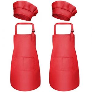 4 Pi&egrave;ces Rouge Tablier Enfant et Chapeau de Chef Set, Bambin Tabliers avec Poches pour Gar&ccedil;ons Filles, Tablier de Cuisine Jardin, Tabliers de Chef Cuisson Pour Peinture L'artisanat (M pour 3-6 Ans) (Tatency, neuf)