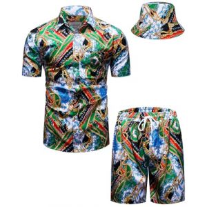 fohemr hommes baroque deux pièces set or chaîne motif vert chemise short avec chapeau de pêcheur Casual set vacances d'été plage set Large (fohemr, neuf)