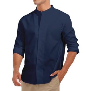 Fanient Chemise en Lin pour Homme Chemise à Manches Longues et col Montant Chemise de Loisirs Décontractée Chemise d'été Montante M (Evensu, neuf)