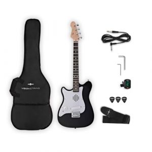 Mini Guitare Electrique 4 cordes pour Gaucher avec Ampli Int&eacute;gr&eacute; pour Enfant - Taille 1/2 - Pack Complet Noir (Gear4music, neuf)
