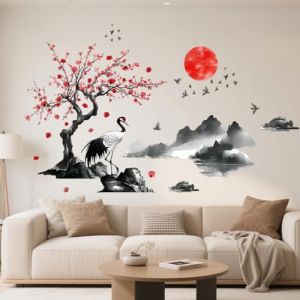 milaosk Stickers Muraux Grand Autocollant Mural Chinois Style Feng Shui &agrave; l'encre Arbre Fleur Grue Soleil Montagne Sticker Mural pour Salon Chambre &agrave; Coucher D&eacute;coration Murale (Moxs, neuf)