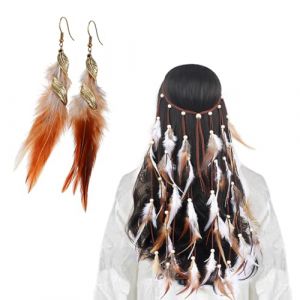 Serre-t&ecirc;te &agrave; plumes boh&egrave;mes, Bandeau en Plumes Style Vintage, accessoire d&eacute;guisement hippie femme festival &ndash; coiffe indienne &agrave; plumes + paire boucles d&rsquo;oreilles boh&egrave;me &ndash; soir&eacute;e, carnaval, photoshoot (NANSONG SARL, neuf)