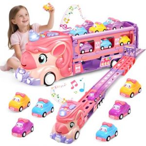 RoserRose Jouet de Camion Licorne pour Fille 2 3 4 5 6 Ans, Enfant Camion Transporteur Voiture avec 6 Mini-Voitures et Piste de Course, avec Lumi&egrave;res et Musique, Cadeau Enfant 2 Ans Fille (Roserrose, neuf)