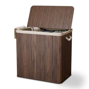 Juskys panier à linge en bambou Curly 150 L - Wäschesammler avec couvercle, poignées & sac en tissu - 3 compartiments tri linge - Marron (Juskys Gruppe GmbH, neuf)