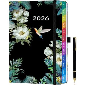 Agenda 2026 Semainier A5 &ndash; Planificateur Hebdomadaire & Mensuel avec Onglets, Pages en Couleur, Couverture en Cuir PU, Pochette de Rangement et Stylo (Janvier 2026 - D&eacute;cembre 2026) - Noir (ZXNOC, neuf)