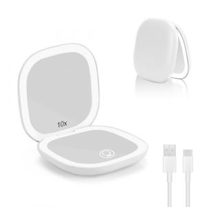 Collazoey LED Miroir Grossissant, 1X/10X Miroir de Poche Chargement USB, 3 Lumi&egrave;res R&eacute;glable, Interrupteur Magn&eacute;tique Pliable de Maquillage, Portable Grossissant de Voyage (Blanc) (Kouri Store, neuf)