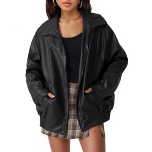 ORANDESIGNE Veste de Motard Surdimensionn&eacute;e en Similicuir pour Femme Leather Blazer Manteau Fermeture &eacute;clair Oversize Jacket Veste Bomber en Cuir A Noir S (Wowmart Zoo X., neuf)
