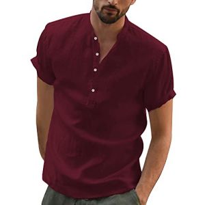 YAOBAOLE Chemise Homme Lin Chemises Col Mao pour Hommes Grande Taille Chemisette Leger pour Hommes Été Casual T Shirt Vetement Homme Vin Rouge 3XL (YBLfashion, neuf)