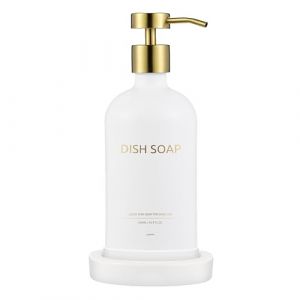Janxin Distributeur Savon Cuisine, Distributeur Savon Verre 500ml, Distributeur de Savon, Distributeur Liquide Vaisselle 500ml, Accessoires de Cuisine (Blanc + Embout Or+Dish SOA) (Janxin, neuf)