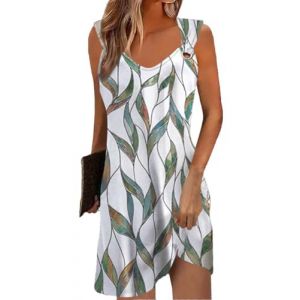 Yeenily Robe Femme Col en V sans Manches D&eacute;contract&eacute;e Plage Robes Chic et Elegant &Eacute;t&eacute; Couleur Unie Mini Longue Tunique Robe (Feuilles Impression, S) (AOXIDE, neuf)