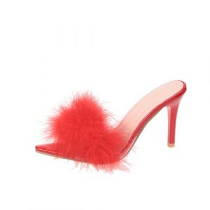 Osheoiso Femmes Sandales Plume Chaussures Haute Talon Faux Plume &Agrave; Talons Hauts Pantoufle &Eacute;t&eacute; Soir&eacute;e Sandales &Eacute;l&eacute;gant Femmes Pantoufles Grande Taille B Rouge 39 EU (NiermanEU, neuf)