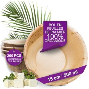 Waipur Bols Jetables en Palmier - 200 Bols de 15 cm/500 ml – Coupelle Jetable de Qualité Supérieure - Stable, Naturelle et Biodégradable - Assiette Jetable en Palmier (Rabe Kontor, neuf)