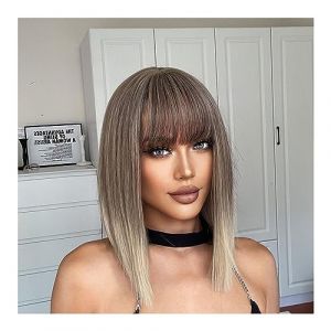 Perruques Cheveux Humains Gris Blonde Court Bob Ombre Perruques Synthétiques Moyenne Droite Cendre Cosplay Cheveux avec Une Frange for Les Femmes Afro Naturel Résistant À La Chaleur Perruques pour fem (wufengjingqian, neuf)
