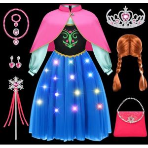 Tacobear LED Déguisement Anna Reine des Neiges Lumineux Robe Anna avec Cape Perruque Sac à Main Couronne Costume Princesse Fille Deguisement pour Carnaval Halloween Anniversaire Noël (130, 5-6 Ans) (vamei, neuf)