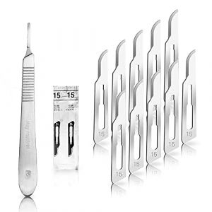 Set avec 10 x lames de scalpel N° 15 - Lame chirurgicale stérile en acier au carbone et 1 x manche de scalpel Figure N° 3 en acier inoxydable (Instruments en acier inoxydable de marque May, neuf)