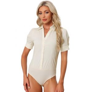 Allegra K Chemisier Body Femme de Bureau boutonné Bodysuit Une pièce à Manches Courtes Body Chemise de Travail Beige S (Weisser Berg, neuf)