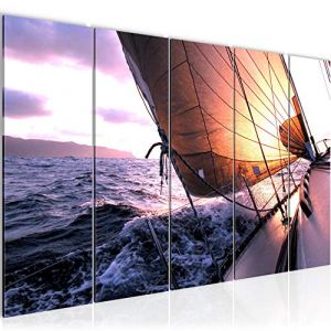 Runa Art Tableau mural XXL Eau Bateau 200 x 80 cm Violet Pourpre 5 Parties - 600955a (Runa Art GmbH, neuf)
