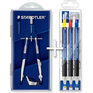 Staedtler Mars Comfort Compas &agrave; dessin 350 mm, longueur 170 mm + lot de 3 porte-mines avec 3 largeurs de ligne 0,3, 0,5, 0,7 (Conipa Online - tres bien, neuf)