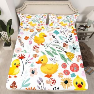Homewish Drap-Housse 90x190 Enfant 1 Personne, Drap Housse Canard Kawaii pour Ado Fille Garçon, Drap de Lit Feuilles Fleurs Champignons, Housse de Matelas Animaux de Dessins Animés (Suzhou yiyanyun e-commerce Co., Ltd, neuf)