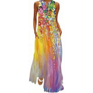 Ocean Plus Femmes Jupe Longue sans Manches Col V Robe Florale Imprimée Maxi Robe sans Manches avec Col en V (S, Peinture à l'huile Multicolore) (Ocean Plus, neuf)