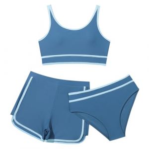 Ensemble de Bikini 3 Pieces Maillot De Bain Enfant Fille 8-14 Ans Shorts + Tanga + Haut Corset Maillot De Bain Fille Pas Cher Plage Natation Piscine Sport Vacances (Y-Noir, 9-10 Ans) (SoLu DAY8, neuf)