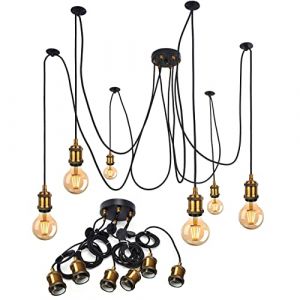 Suspension Vintage Style Industriel en m&eacute;tal,Laiton Antique E27 Suspension Luminaire Plafond Lampe Cordon Kit avec 2m Flex C&acirc;ble DIY Plafond Araign&eacute;e Lustre pour Cuisine Chambre Salon Bar (6 Lampe) (Zhang Yong Bin, neuf)