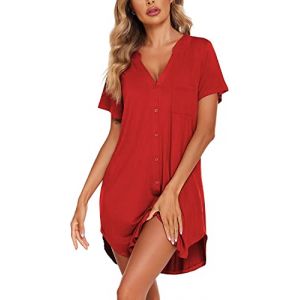 Rayson Chemise de Nuit Femme Nuisette Col V Manches Manches Courtes Bouton vers Bas Robe Nuit Ouvert Devant Soirée Lâche Couleur Solide Chemise de Nuit Longue(Rose,L) (RSSAA, neuf)