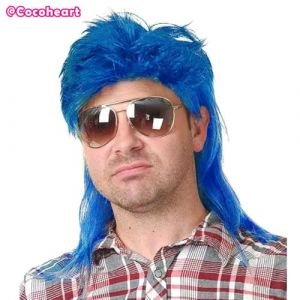Perruque Mulet Châtain Clair pour Homme – Accessoire de Déguisement Années 80, Perruque Rétro pour Fête Cosplay(Bleu) (COCO HEART, neuf)