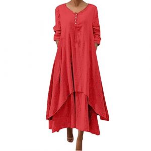 Robe Lin Grande Taille, Robe Femme Chic Et Elegant Longue, Col Rond Grande Taille Robes Chemise Ample Boheme Robe Couleur Unie Robe De Plage Summer Dress Vintage Mi Longue Robe (Chnnamzu (7-12 jours), neuf)