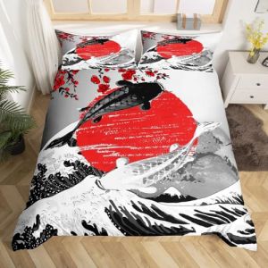 Homewish Housse de Couette 140x200 Mount Fuji, Parure de Lit Japonaise en Forme de Poisson Koi, Ensemble de Literie sur Le Thème de L'Ukiyo-E, Literie Montagne Cerisier en Fleur Soleil Rouge (Suzhou yiyanyun e-commerce Co., Ltd, neuf)