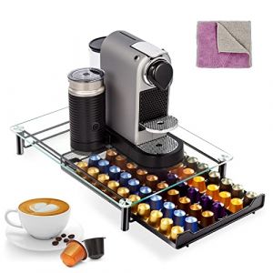 Masthome Porte Capsule de Café pour Nespresso 60 Capsules, Tiroir de Rangement avec Présentoir en Verre, Distributeur Capsules Antidérapant et Transparent avec Tiroir Métallique, Noir (masthome, neuf)