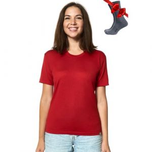 Merino.tech T Shirt Merinos Femme - Laine Merinos Chemise Femme + Chaussettes de randonnée en Laine Mérinos (Medium, Cherry Red Crewneck) (MR.EQUIPP LIMITED, neuf)