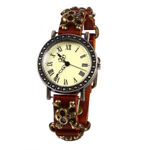 JewelryWe Montre Femme Homme Cuir Rétro Chiffre Romain,Montre Punk Tête de Mort,Montre Femme Vintage Bracelet Cuir Fantaisie,Montre Gothique Homme Analogique Quartz,Cadeau pour Helloween (JewelryWe Bijoux, neuf)