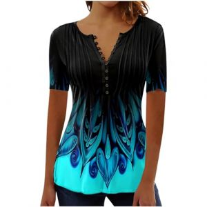 Chemisier Femme Chic et Élégant Manches Courtes Tshirt Chemisiers Et Blouses Grande Taille Imprimé Plissé Henley Tunique Tops Col V Blouse de Soie Boheme Haut Tunique Été Tee Shirt Femmes Solde (⭐⭐⭐⭐⭐AEGJEGVD(5-15 jours Arrivé), neuf)