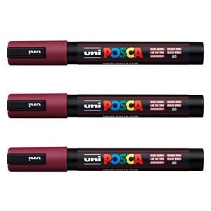 Posca Lot de 3 marqueurs PC-5M Uni-Ball (gamme complète de 35 couleurs disponibles) bordeaux (Ponera, neuf)