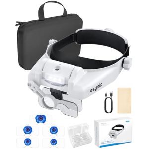 eSynic Loupe Frontale Grossissante avec Lumière LED 5 Lentilles Détachables 1,0X à 3,5X Lunette Loupe Loupe pour Tête Élasticité Réglable avec Sac de Rangement pour Lecture Bijoux Réparation de Montre (GGY FR, neuf)