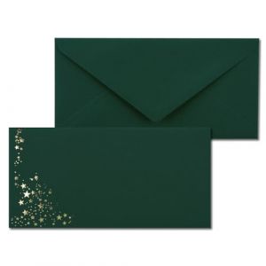 Lot de 50 enveloppes avec &eacute;toiles m&eacute;tallis&eacute;es - Format DIN long - Pluie d'&eacute;toiles dor&eacute;es en relief - Couleur : vert pin - Collage humide - 120 g/m&sup2; - 110 x 220 mm - Id&eacute;al pour No&euml;l (GUSTAV NEUSER GmbH, neuf)