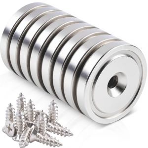 Lot de 8 aimants puissants avec trou - 40 kg de force - 32 x 7 mm - Aimant en néodyme rond avec trou - Aimant en néodyme extra puissant à visser - Aimant en pot à tête fraisée avec vis (Anelueeoo, neuf)