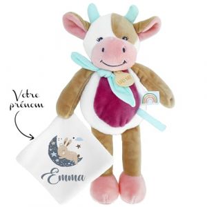 KDO MAGIC - Doudou personnalisé - Personnalisable avec Un prénom - Peluche personnalisée - Cadeau Naissance, garçon, Fille, bébé, Anniversaire (Lune Bleu, Vache) (KDO-MAGIC, neuf)